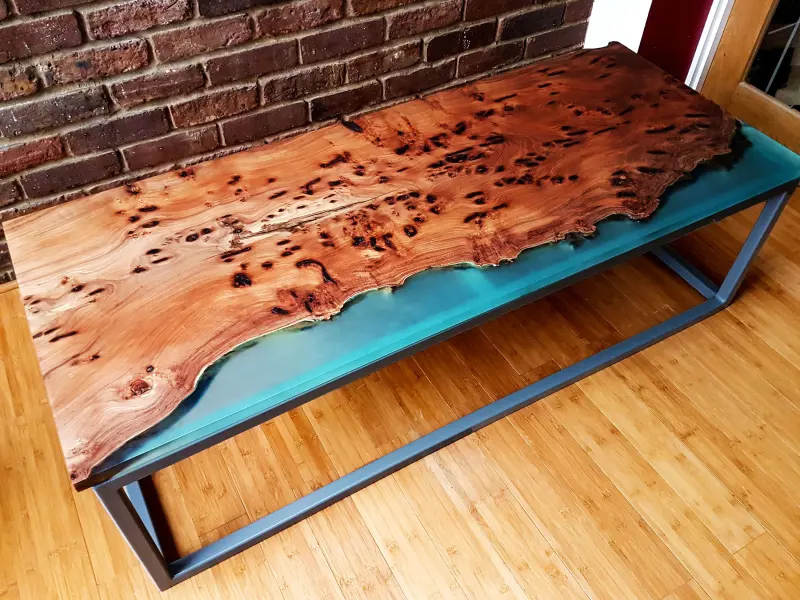 Large elm and sky-blue resin coffee table, photo 1 of 1, as taken