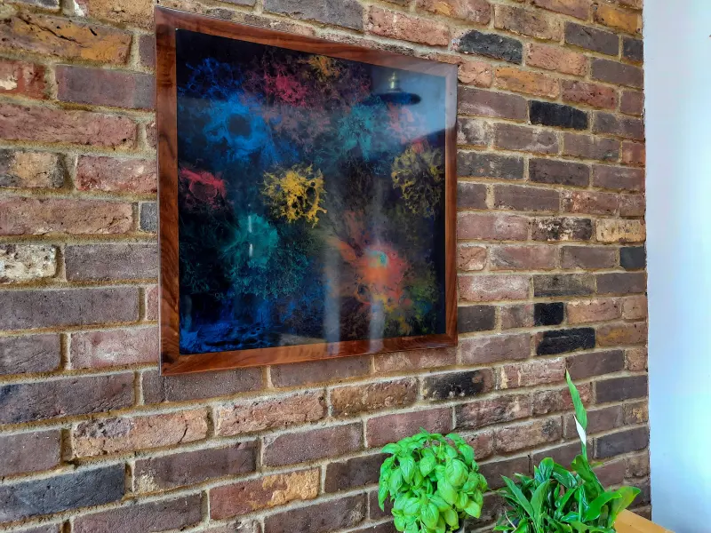 Black resin art in a walnut frame, photo 1 of 10, as taken