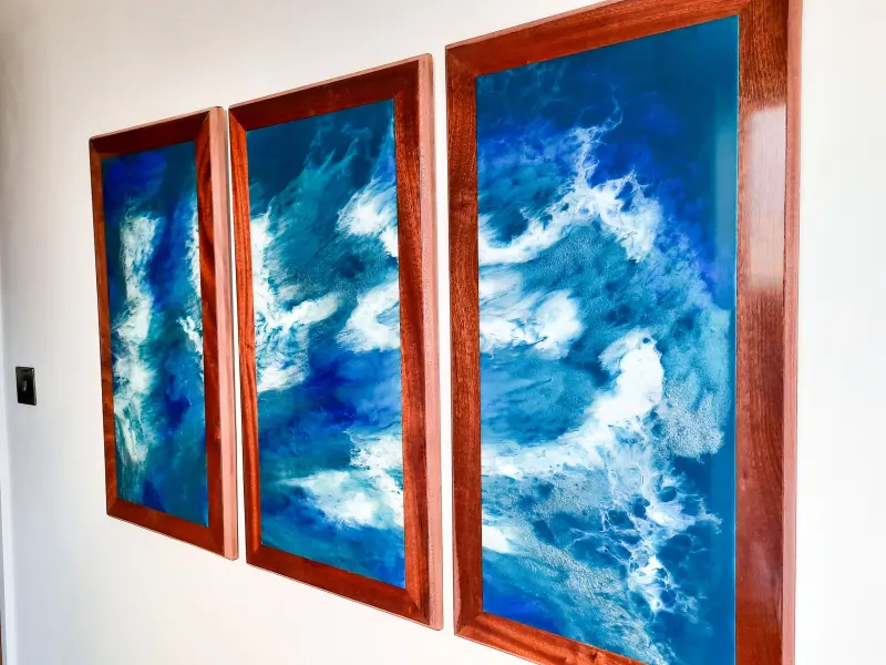Ocean wave resin art in three panels, photo 1 of 8, as taken