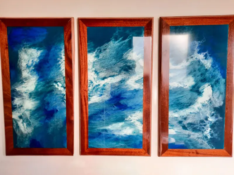 Ocean wave resin art in three panels, photo 2 of 8, as taken
