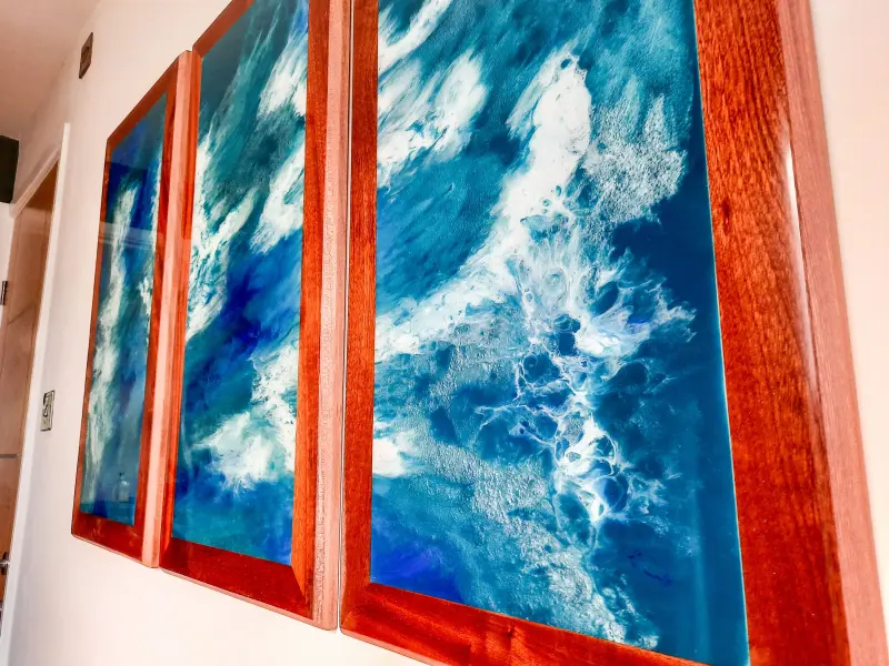 Ocean wave resin art in three panels, photo 3 of 8, as taken