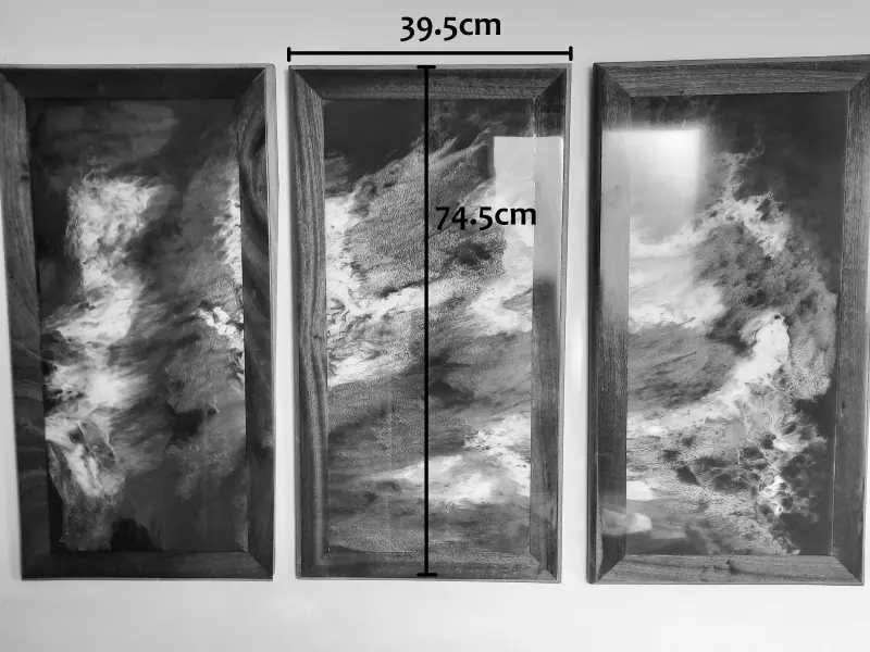 Ocean wave resin art in three panels, photo 4 of 8, as taken