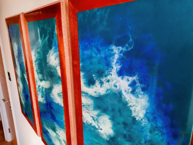 Ocean wave resin art in three panels, photo 5 of 8, as taken