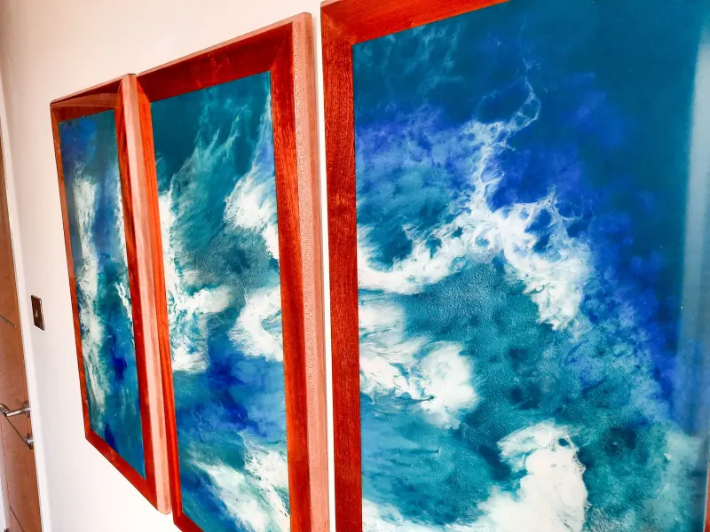 Ocean wave resin art in three panels, photo 8 of 8, as taken