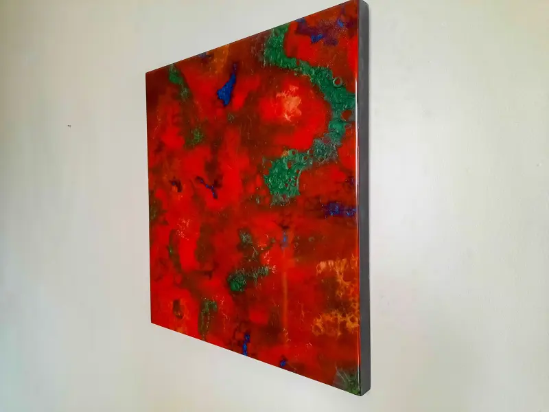 Small red and green resin painting, photo 8 of 9, as taken