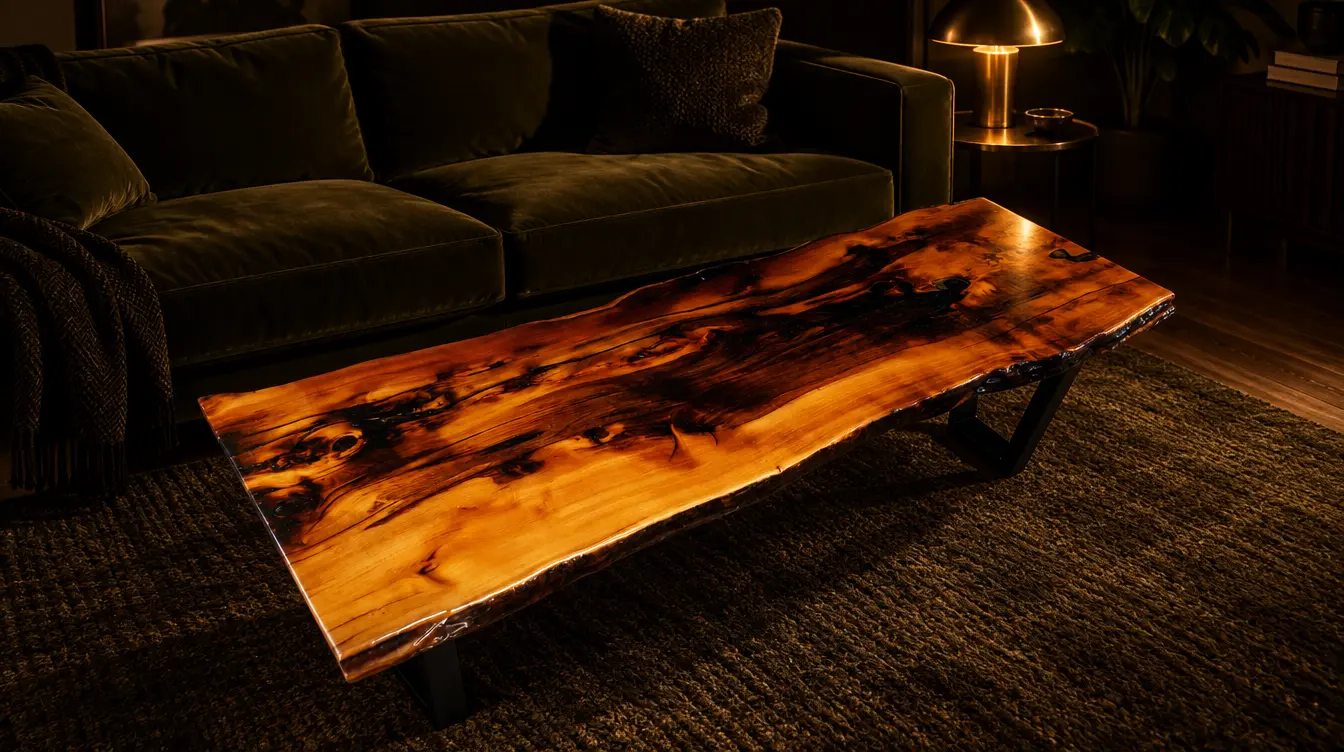 Yew and clear resin coffee table: Yew, clear resin, gloss finish. Sold