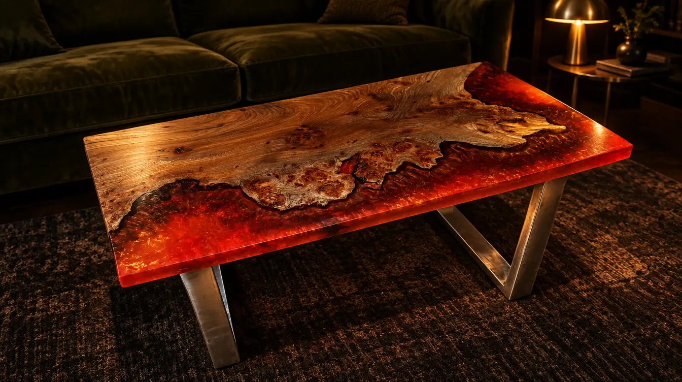 Elm and red resin coffee table: Elm, red resin with gold and black, sold, in an AI-staged room. The table is the real one.
