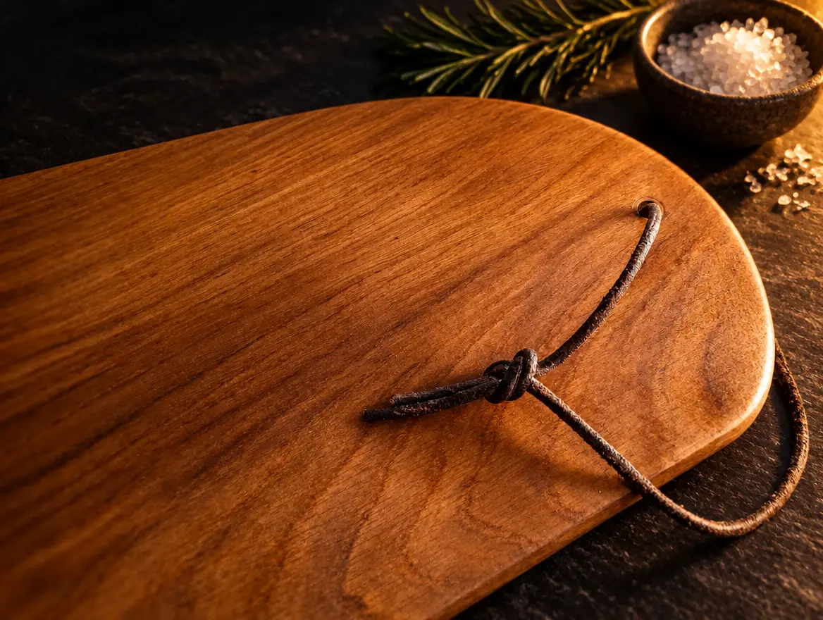 Oak board with a leather strap: European oak, teardrop shape. Sold