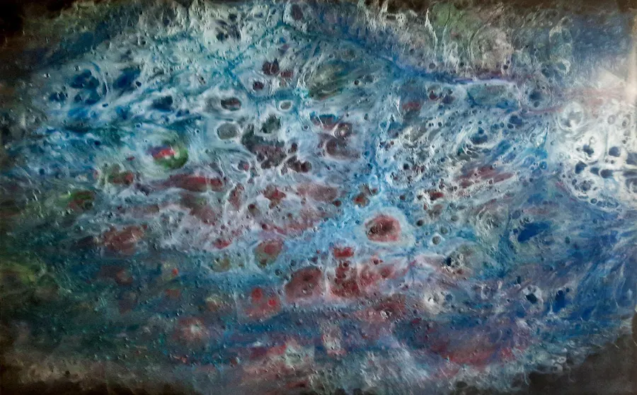 Galaxy resin painting: Blues and soft red, inspired by space. Sold