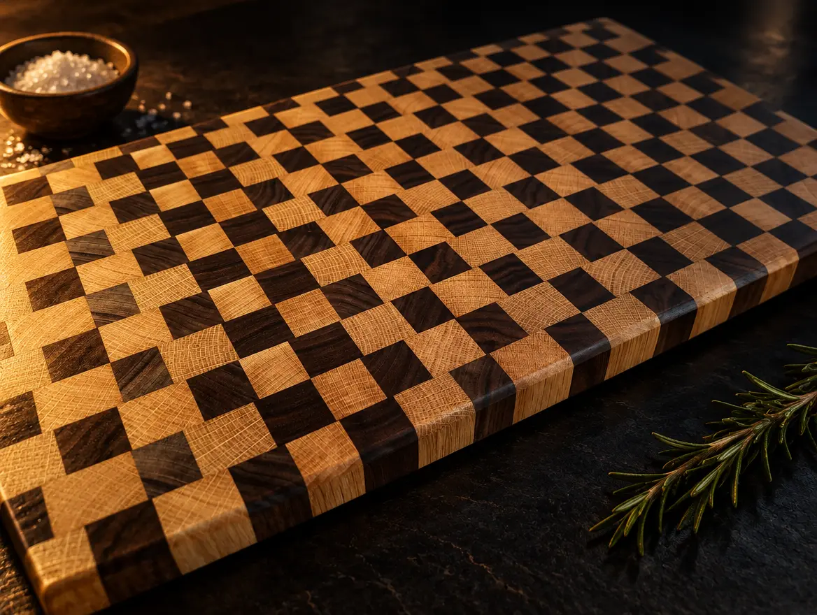 End-grain oak and walnut butcher's block: European oak and black walnut, end grain. Sold