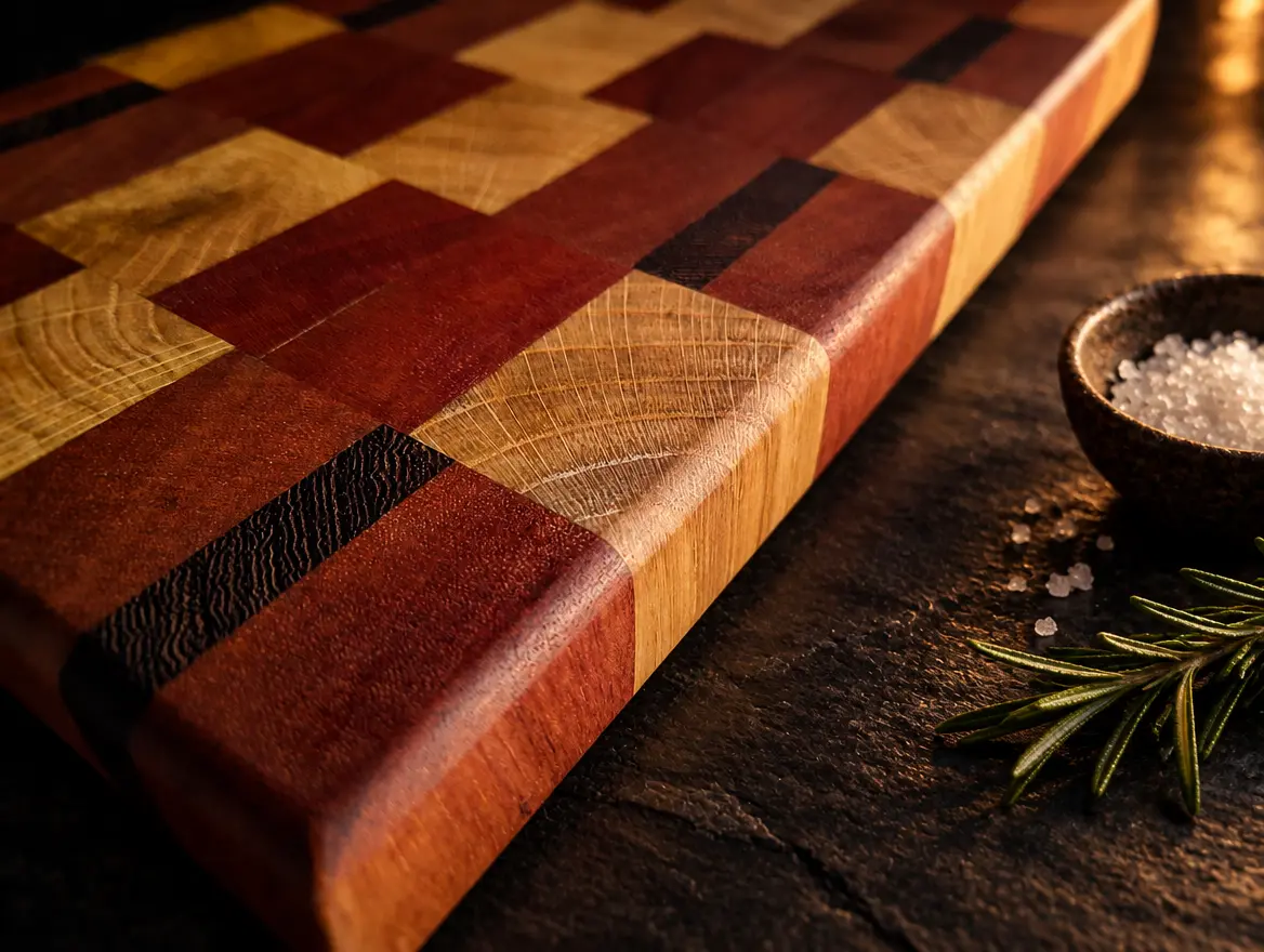 End-grain oak, sapele and wenge board: Oak, sapele and wenge, end grain. Sold