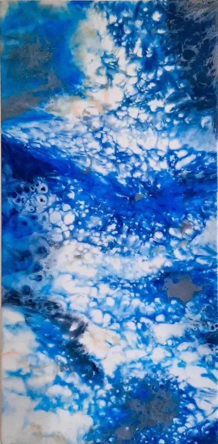 Blue and white resin painting: Medium, blues and white, tall panel