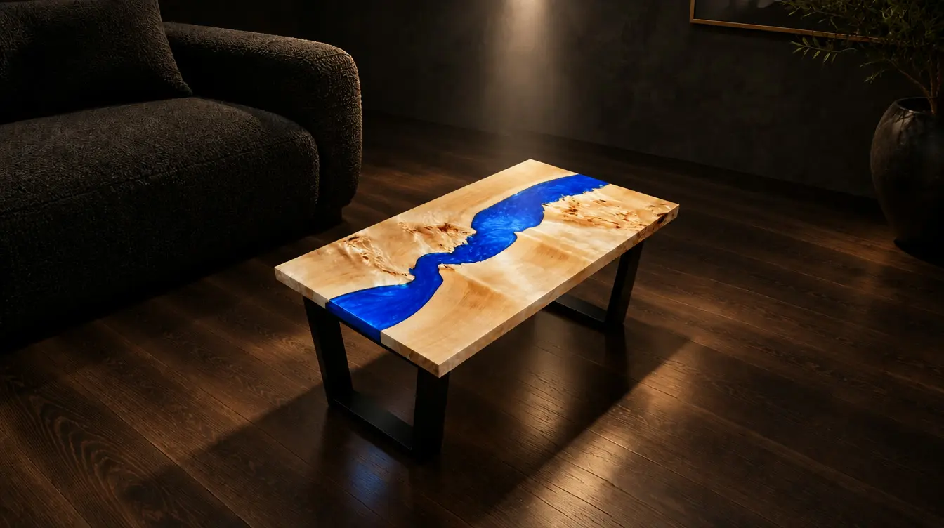 Blue river table in poplar: Poplar, metallic blue resin, in an AI-staged room. The table is the real one.