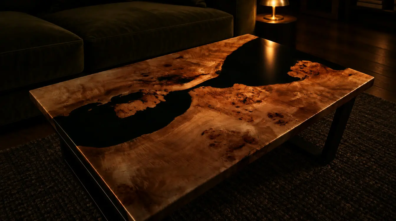 Elm and black river coffee table: Burr elm, opaque black resin river, in an AI-staged room. The table is the real one.