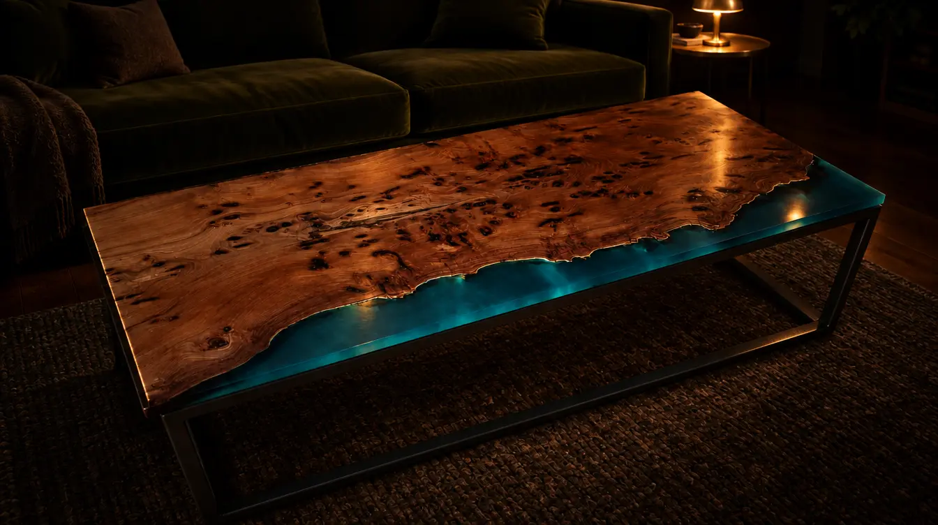 Large elm and sky-blue resin coffee table: Elm, sky-blue resin, steel frame, in an AI-staged room. The table is the real one.