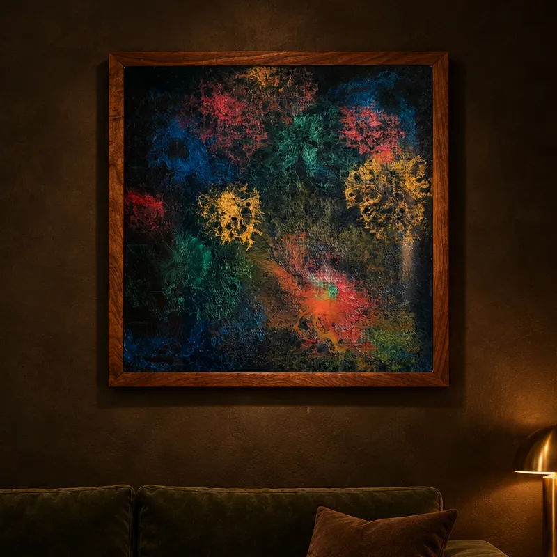 Black resin art in a walnut frame: Black with colourful accents, solid walnut frame