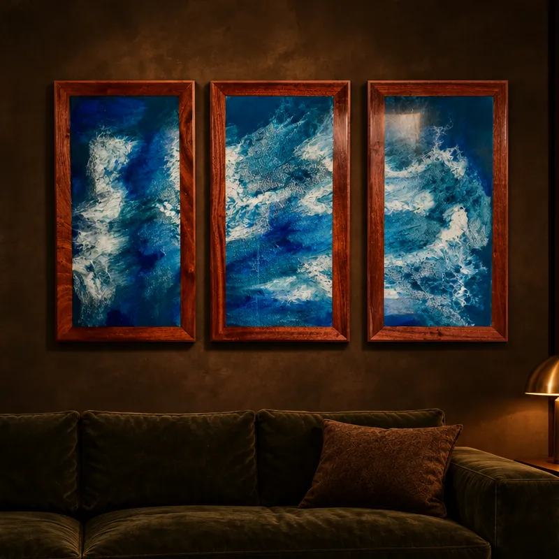 Ocean wave resin art in three panels: Large, three panels, sapele edges