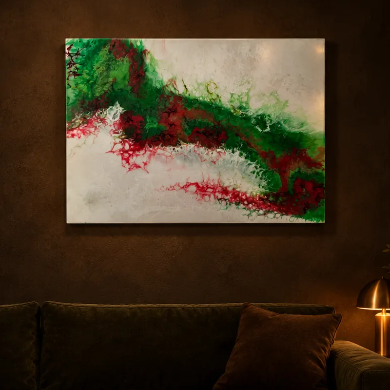 Emerald green and red resin wall art: Emerald green and red on white