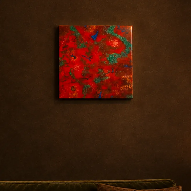 Small red and green resin painting: Small, minimal red and green