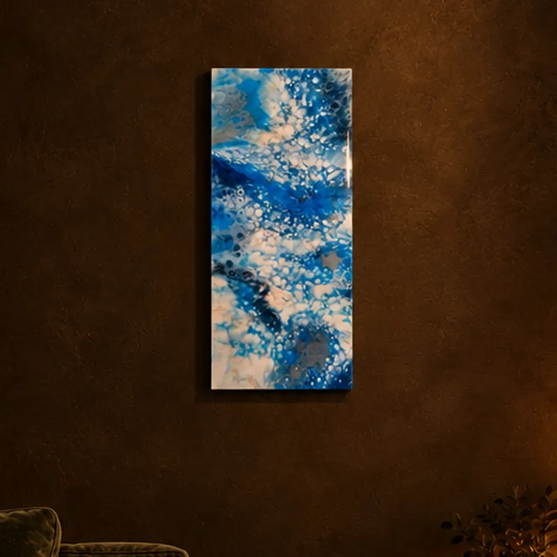 Blue and white resin painting: Medium, blues and white, tall panel