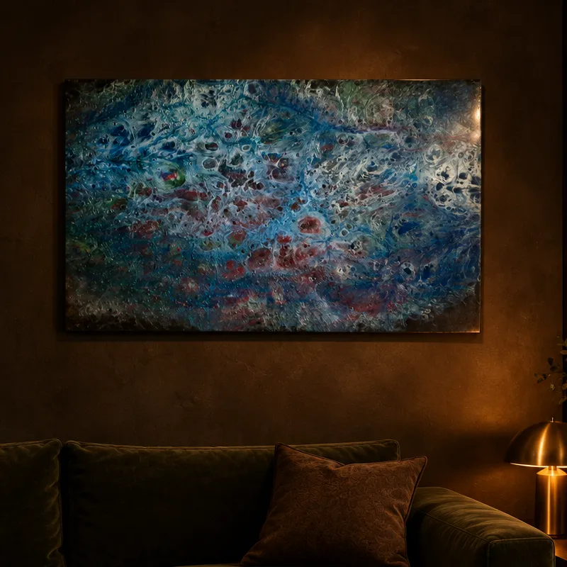 Galaxy resin painting: Blues and soft red, inspired by space. Sold