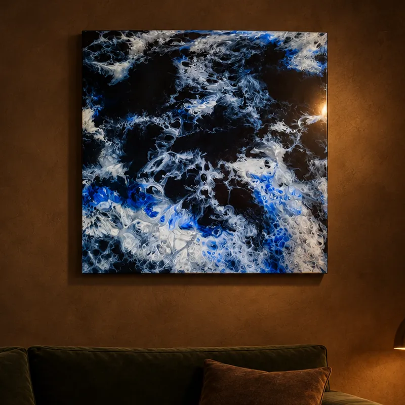 Blue, white and black resin painting: Blue, white and black. Sold. An illustration of the finished piece